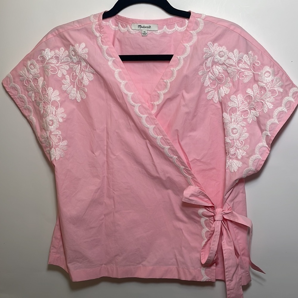 Madewell XL Embroidered Side-Tie Wrap Top blouse pink - Picture 6 of 10